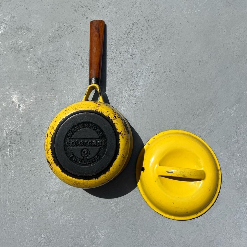 Vintage Colorcast Waterford Ireland Yellow Enamel Cast Iron Saucepan w/ Lid 7” - Picture 3 of 7